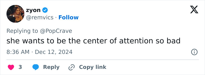 Tweet about Taylor Swift&rsquo;s comment on Selena Gomez's engagement, implying attention-seeking.