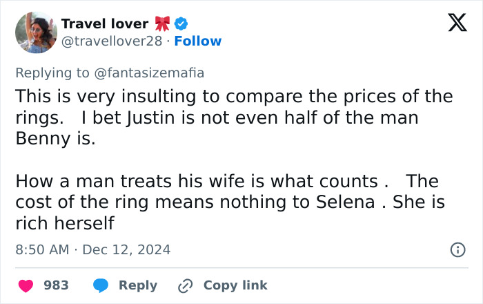 Tweet criticizing comparisons of Selena Gomez and Hailey Bieber's engagement rings, highlighting values beyond cost. Tweet criticizing comparisons of Selena Gomez and Hailey Bieber's engagement rings, highlighting values beyond cost.