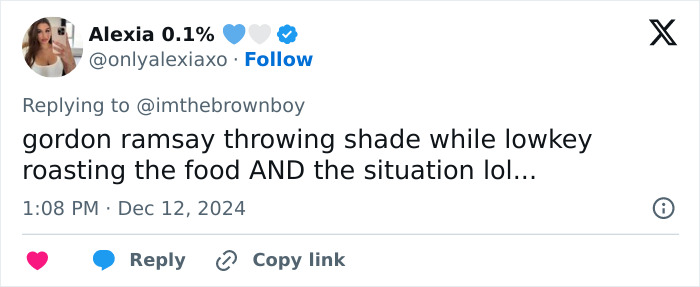 Tweet about Gordon Ramsay allegedly shading Selena Gomez, highlighting humor in cooking and situation.