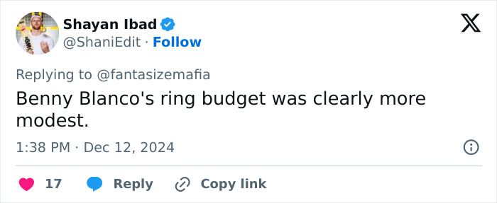 Tweet reaction to engagement rings comparison involving Selena Gomez and Hailey Bieber. Tweet reaction to engagement rings comparison involving Selena Gomez and Hailey Bieber.