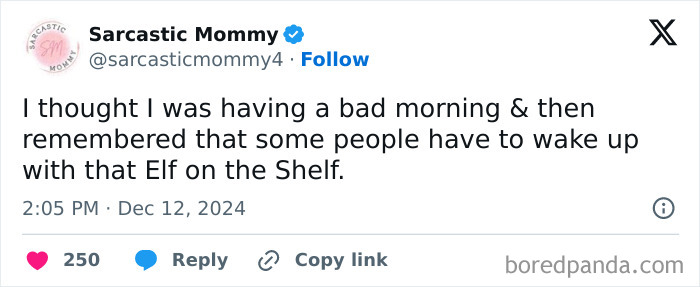 Tweet from a parent joking about mornings and Elf on the Shelf.