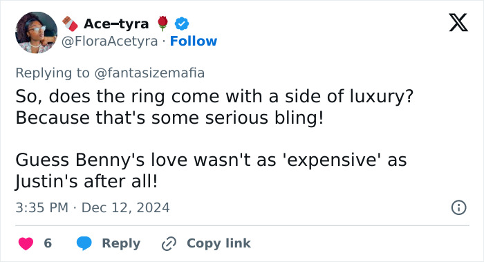 Viral tweet humorously comparing engagement rings of Selena Gomez and Hailey Bieber. Viral tweet humorously comparing engagement rings of Selena Gomez and Hailey Bieber.