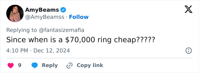 Tweet questioning the cost of a $70,000 engagement ring, linked to viral post on Selena Gomez and Hailey Bieber's rings. Tweet questioning the cost of a $70,000 engagement ring, linked to viral post on Selena Gomez and Hailey Bieber's rings.