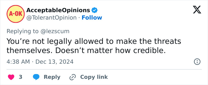 Tweet from AcceptableOpinions on legal threats. Tweet from AcceptableOpinions on legal threats.