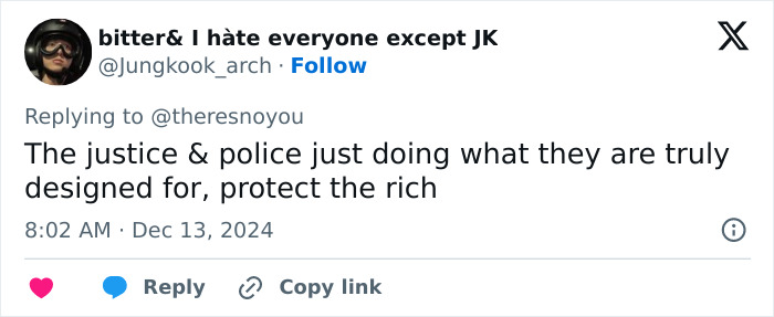 Tweet about justice system bias in response to Luigi Mangione copycat case in Florida. Tweet about justice system bias in response to Luigi Mangione copycat case in Florida.