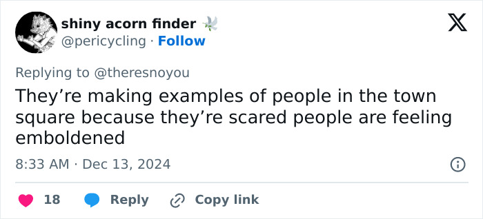 Tweet discussing public examples to discourage emboldened actions, related to Briana Boston's arrest as Luigi Mangione copycat. Tweet discussing public examples to discourage emboldened actions, related to Briana Boston's arrest as Luigi Mangione copycat.