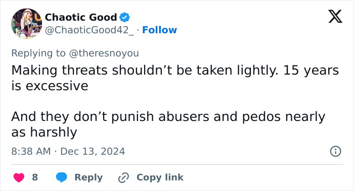 Tweet discussing the severity of threats compared to other crimes; mention of a Briana Boston linked to Luigi Mangione case. Tweet discussing the severity of threats compared to other crimes; mention of a Briana Boston linked to Luigi Mangione case.