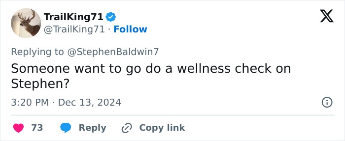 Tweet questioning wellness check for Stephen Baldwin after cryptic video related to Diddy list. Tweet questioning wellness check for Stephen Baldwin after cryptic video related to Diddy list.
