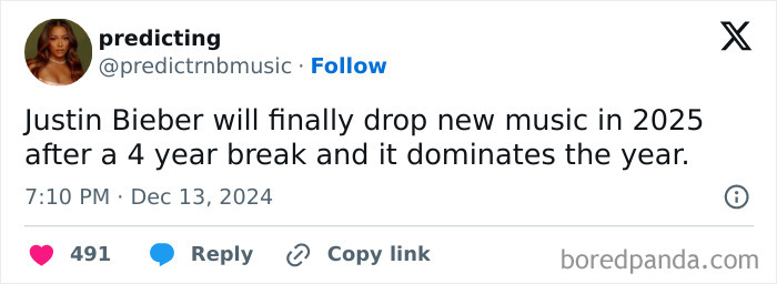 Tweet predicting Justin Bieber's 2025 music release dominates the year.