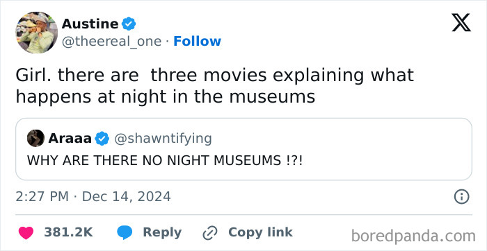 Funny tweet exchange about night museums and movies.