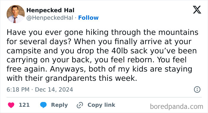 Hilarious tweet by a parent comparing kids staying with grandparents to dropping a heavy hiking backpack.