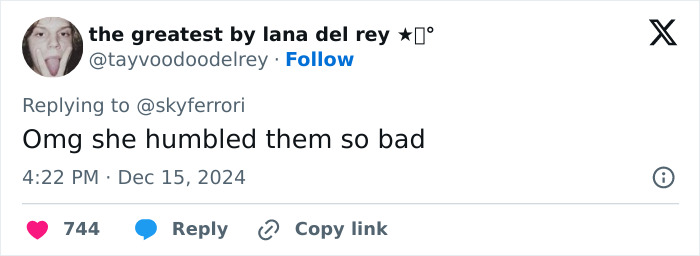 Tweet on Nicole Kidman's behavior at 'Babygirl' premiere, stating "Omg she humbled them so bad.