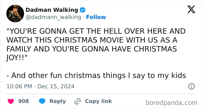 Funny tweet from a parent about watching a Christmas movie as a family for December joy.