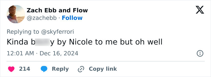 Tweet criticizing Nicole Kidman's behavior at the Babygirl premiere by user Zach Ebb and Flow.