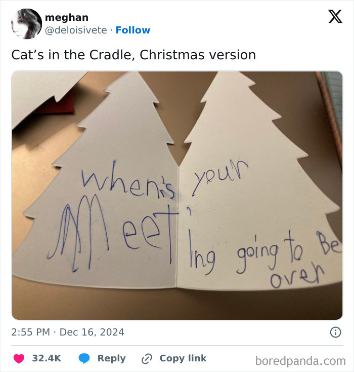 Child's humorous Christmas card asks "When's your meeting going to be over?" in handwritten text.