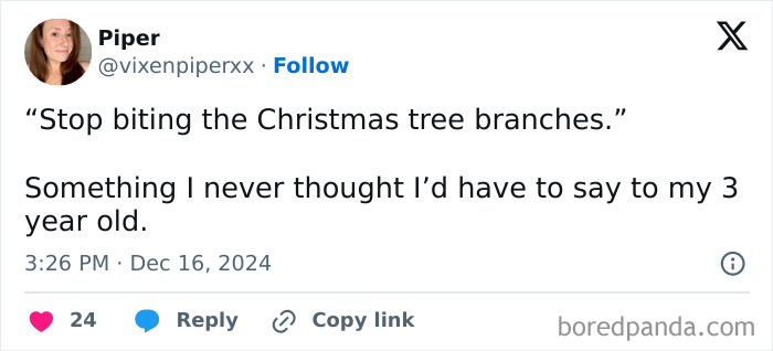 Hilarious tweet from a parent about telling their 3-year-old to stop biting Christmas tree branches.