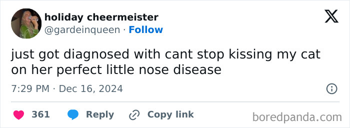 Screenshot of a funny post by a woman joking about constantly kissing her cat's nose.