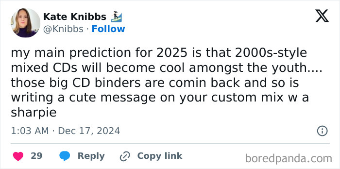 Tweet predicting mixed CDs will be trendy in 2025, returning with big CD binders and custom messages.