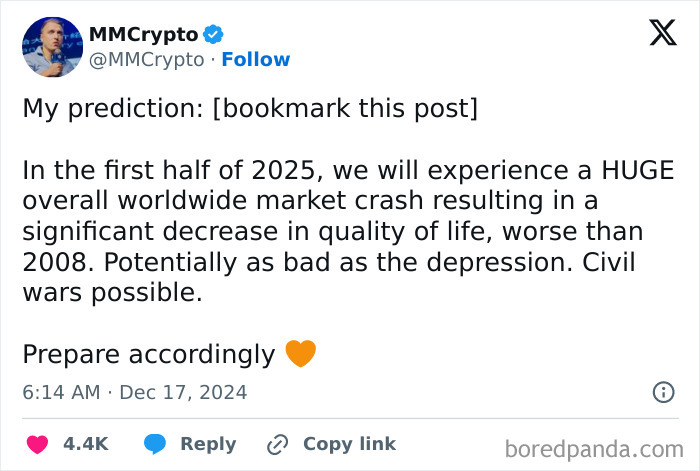 Tweet predicting 2025 market crash and global instability with the hashtag 2025-Predictions.