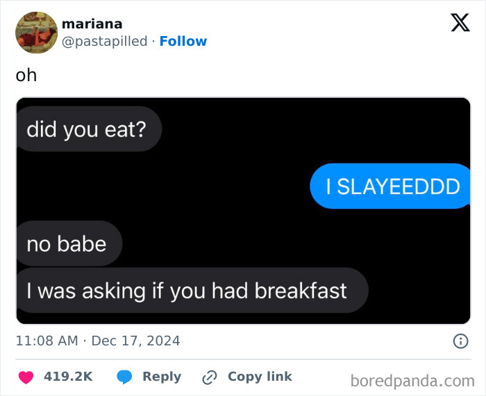Funny post by a woman showing a humorous text exchange about eating breakfast.