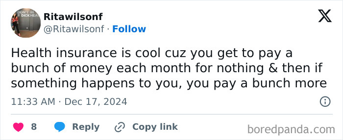 Tweet by Kevin McCaffrey joking about the costs of health insurance, capturing a funny meme moment.