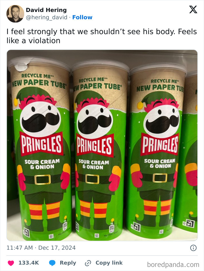 Pringles cans with amusing design, featuring a cartoon character on sour cream and onion flavor packaging.