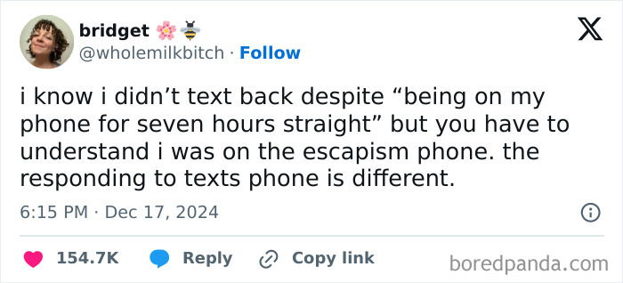 Funny tweet about using different phones for escapism and responding to texts.