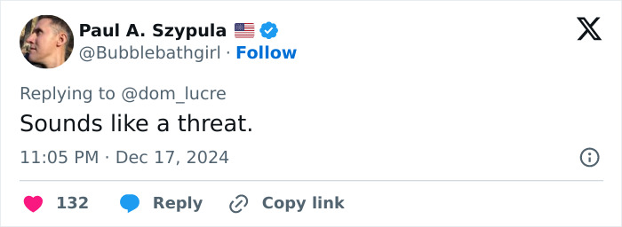 Tweet by Paul A. Szypula says "Sounds like a threat," referencing Stephen Baldwin and Diddy's cryptic conversation. Tweet by Paul A. Szypula says "Sounds like a threat," referencing Stephen Baldwin and Diddy's cryptic conversation.