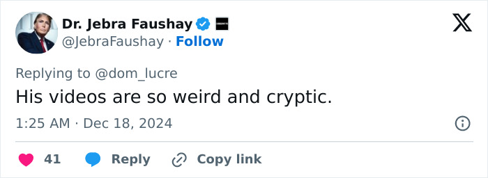 Tweet on Stephen Baldwin's cryptic video, labeled weird by a user. Tweet on Stephen Baldwin's cryptic video, labeled weird by a user.