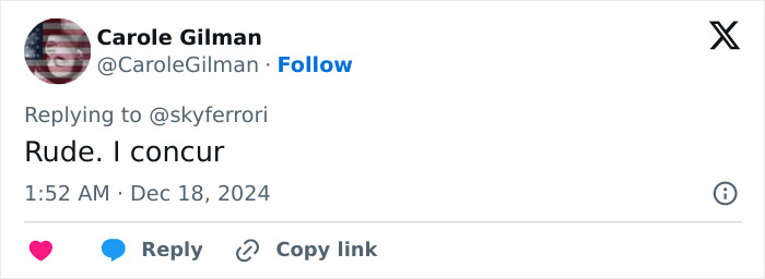 Tweet criticizing behavior, mentioning it as rude.
