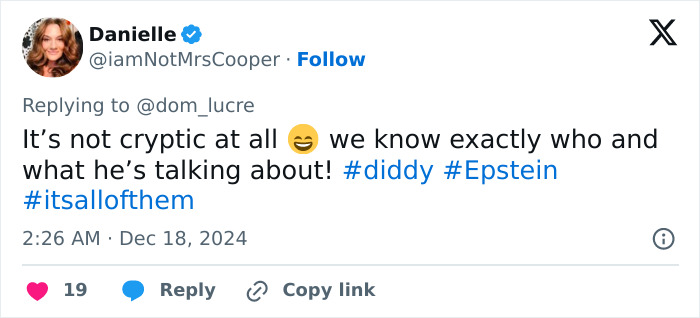 Tweet referencing Diddy with hashtags, commenting on a supposedly cryptic message. Tweet referencing Diddy with hashtags, commenting on a supposedly cryptic message.