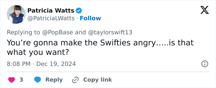 Fan outrage on Twitter over Taylor Swift ranking 3rd among greatest pop stars of 2024.