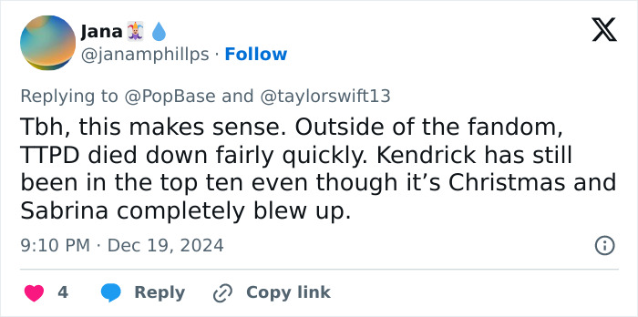 Tweet about Taylor Swift ranking on Greatest Pop Stars 2024 list, discussing fan reactions and other artists.