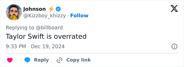 Tweet expressing fan outrage about Taylor Swift ranking 3rd on Greatest Pop Stars of 2024 list.