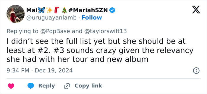 Tweet expressing outrage over Taylor Swift ranking 3rd on Greatest Pop Stars of 2024 list.