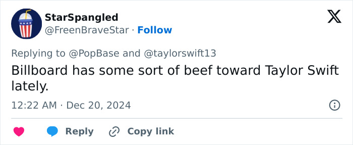 Fan tweet about Billboard's perceived bias against Taylor Swift ranking 3rd on pop stars list 2024.