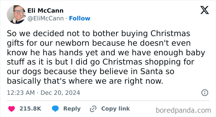 Funny tweet about choosing to buy gifts for dogs instead of a newborn.