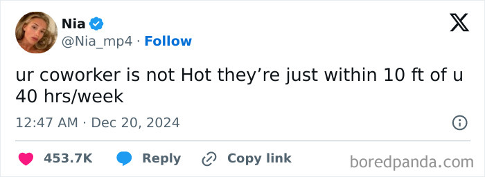 Tweet with a humorous take on coworkers' attractiveness, featuring a comment with high engagement from December.