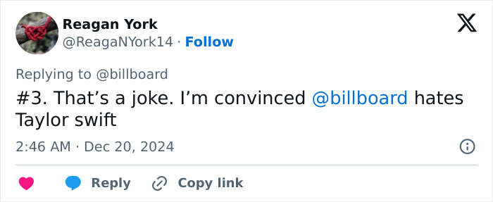 Tweet expressing outrage over Taylor Swift ranking 3rd in greatest pop stars of 2024.