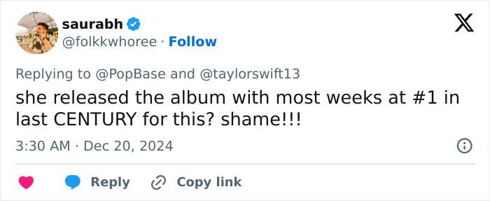 Tweet expressing fan outrage over Taylor Swift's ranking on the pop stars list.