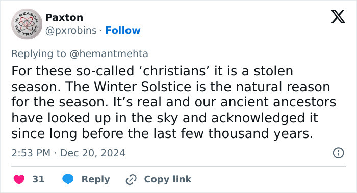 Tweet about the Winter Solstice and its historical significance by atheist group during the holiday season. Tweet about the Winter Solstice and its historical significance by atheist group during the holiday season.