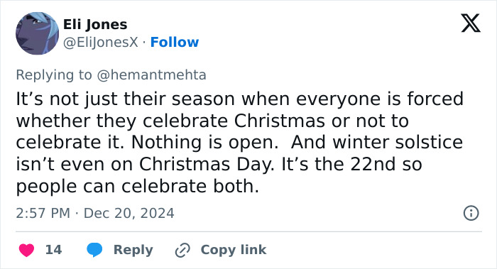 Tweet discussing the Christmas season and winter solstice in the context of holiday celebrations. Tweet discussing the Christmas season and winter solstice in the context of holiday celebrations.
