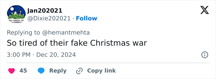 Tweet criticizing the Christmas billboard war involving Christian and atheist groups, dated December 20, 2024. Tweet criticizing the Christmas billboard war involving Christian and atheist groups, dated December 20, 2024.