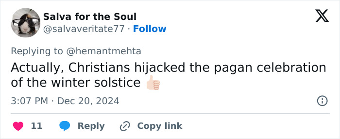 Tweet discussing Christians, pagans, and the winter solstice amid holiday billboard debates. Tweet discussing Christians, pagans, and the winter solstice amid holiday billboard debates.