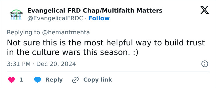 Tweet discussing Christian and atheist billboard exchanges during Christmas culture wars. Tweet discussing Christian and atheist billboard exchanges during Christmas culture wars.