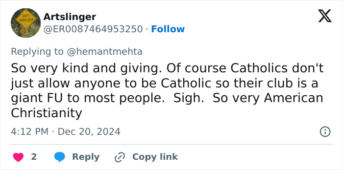 Tweet comment on Catholicism amid holiday billboard debate, engaging Christians and atheists. Tweet comment on Catholicism amid holiday billboard debate, engaging Christians and atheists.