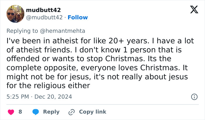 Tweet discussing atheist views on Christmas traditions and joy. Tweet discussing atheist views on Christmas traditions and joy.