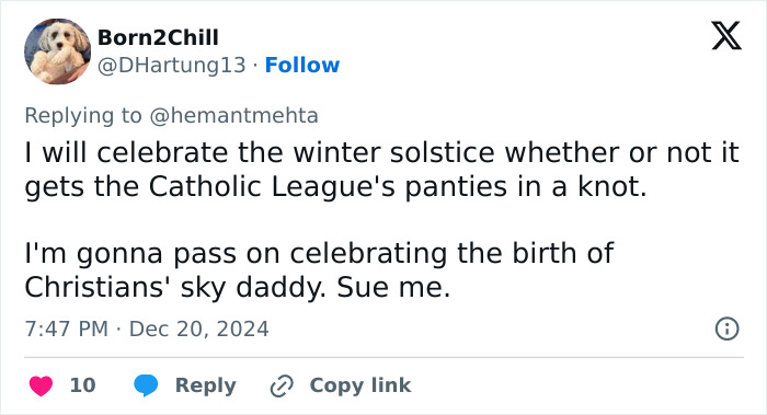 Tweet about winter solstice and not celebrating Christmas, part of billboard war between Christian and atheist groups. Tweet about winter solstice and not celebrating Christmas, part of billboard war between Christian and atheist groups.