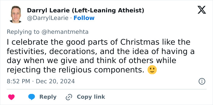 Tweet from Darryl Learie discussing celebrating Christmas without religious components. Tweet from Darryl Learie discussing celebrating Christmas without religious components.