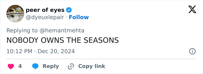 Tweet from a user expressing views on holiday season ownership. Tweet from a user expressing views on holiday season ownership.